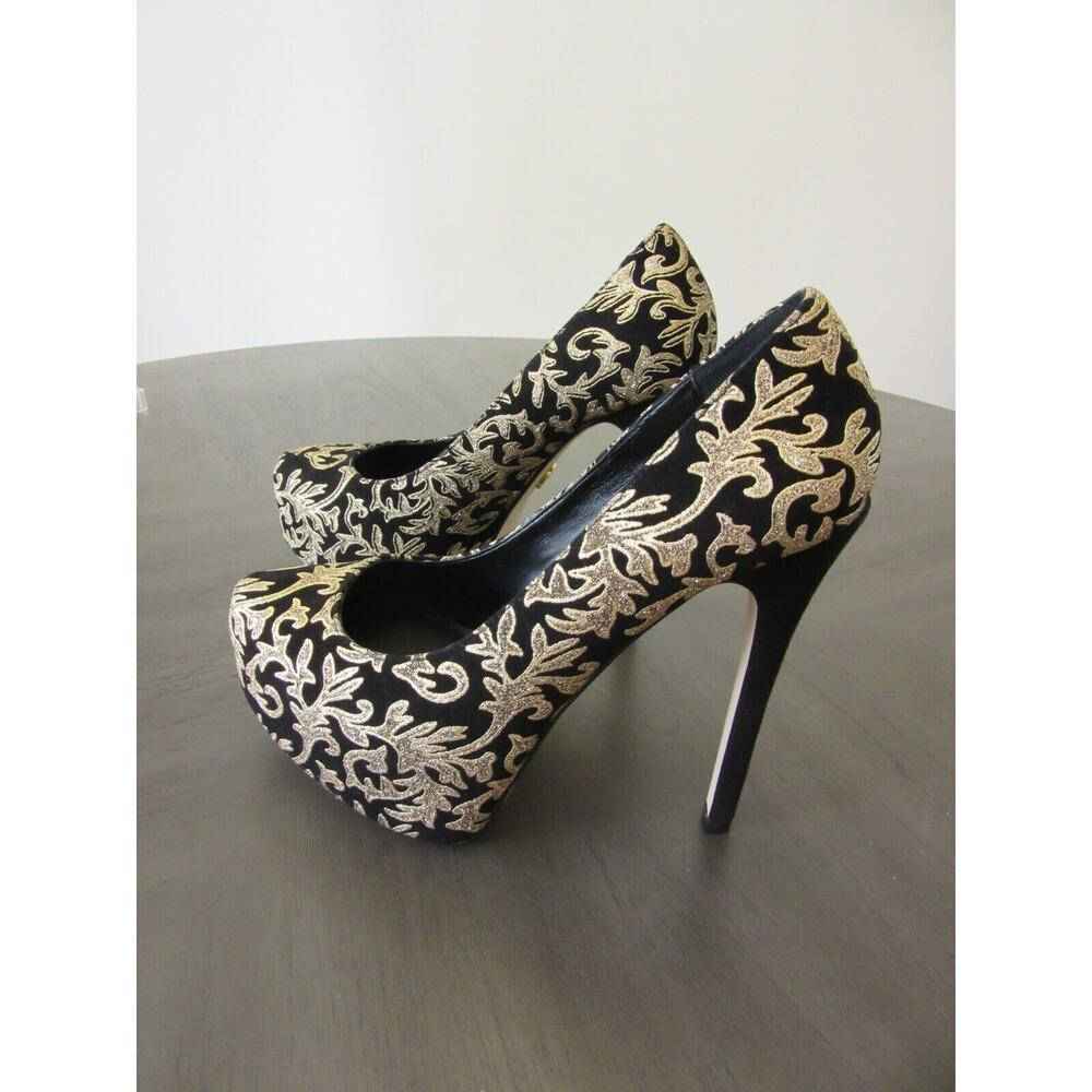 BeBe Black Suede and Gold Glitter Tessa Platform Size 7.5 Women's Sexy Heels